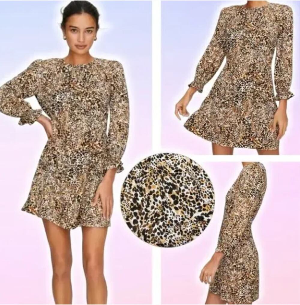 Aritzia Wilfred Baroque Leopard Print Fit and Flare Mini Dress Long Sleeve S